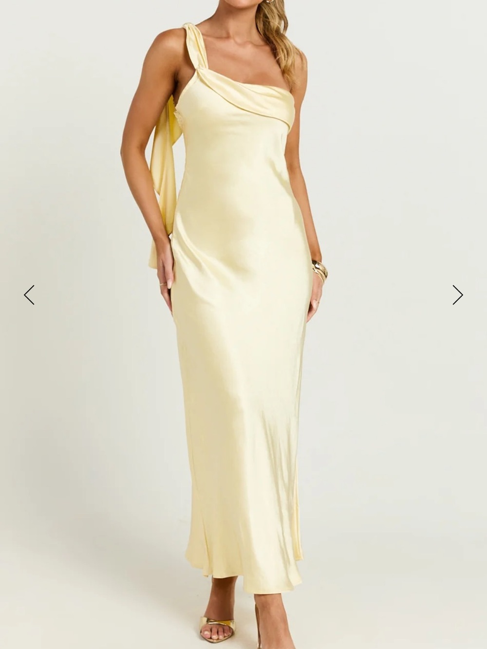 Showpo One-Shoulder Satin Maxi Dress in Pale Yellow S